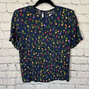 Sag Harbor Vintage 90s Floral Navy Rayon Blouse Boxy Fit Cottagecore Size Small